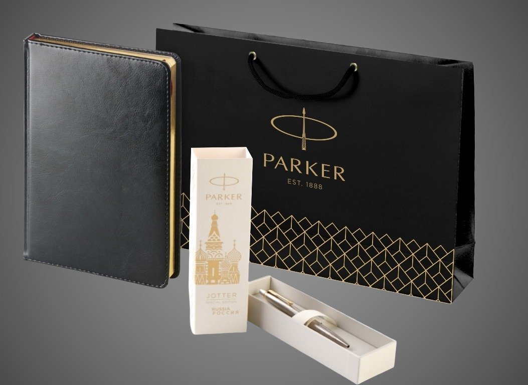 Подарочный набор: Шариковая ручка Parker Jotter Russia Steel GT и Ежедневник недатированный черный золотой срез, Кожа и мех: искусственная кожа, латунь, нержавеющая сталь