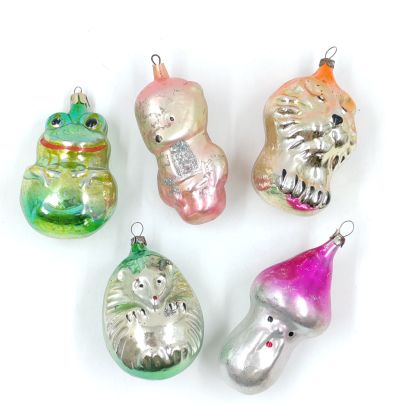 Набор из 5-ти елочных игрушек в виде зверушек, стекло, краска, металл, СССР, 1960-1980 гг.