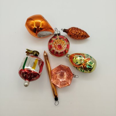 Набор из семи ёлочных игрушек, стекло, металл, роспись, СССР, 1960-1980 гг.