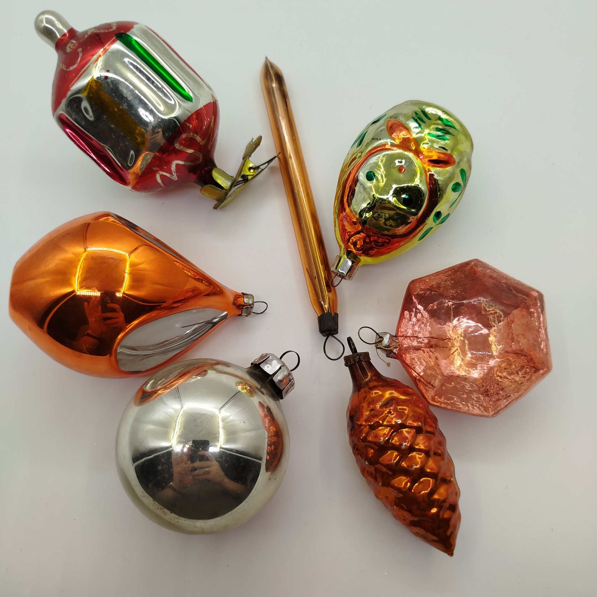 Набор из семи ёлочных игрушек, стекло, металл, роспись, СССР, 1960-1980 гг.