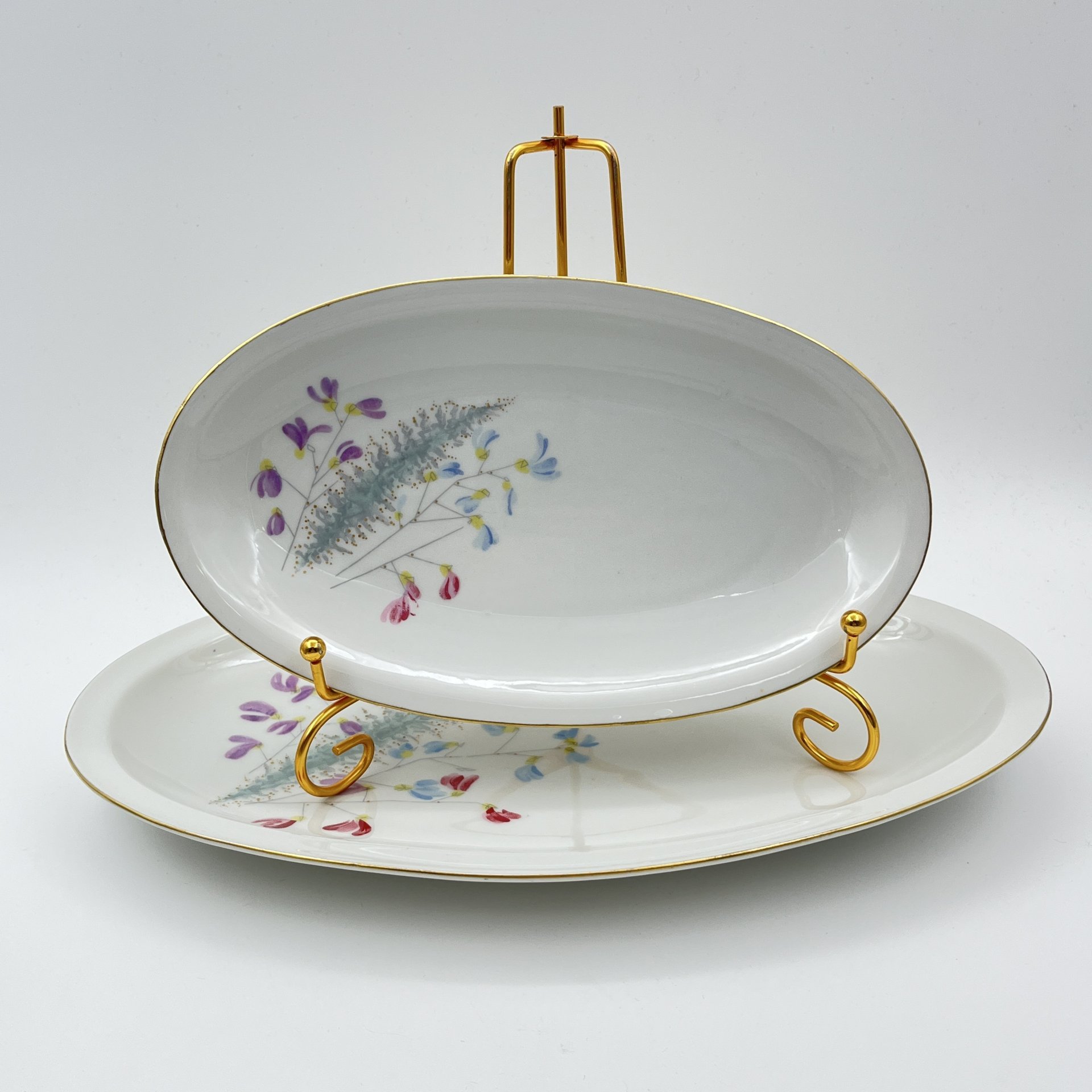 Набор из 2-х селёдочниц, украшенных изображением полевых цветов, Porzellanwerke Könitz (OPK), фарфор, деколь, золочение, ГДР, 1954-1962 гг.