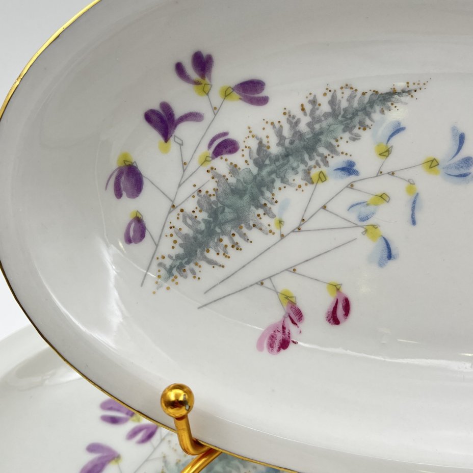 Набор из 2-х селёдочниц, украшенных изображением полевых цветов, Porzellanwerke Könitz (OPK), фарфор, деколь, золочение, ГДР, 1954-1962 гг.