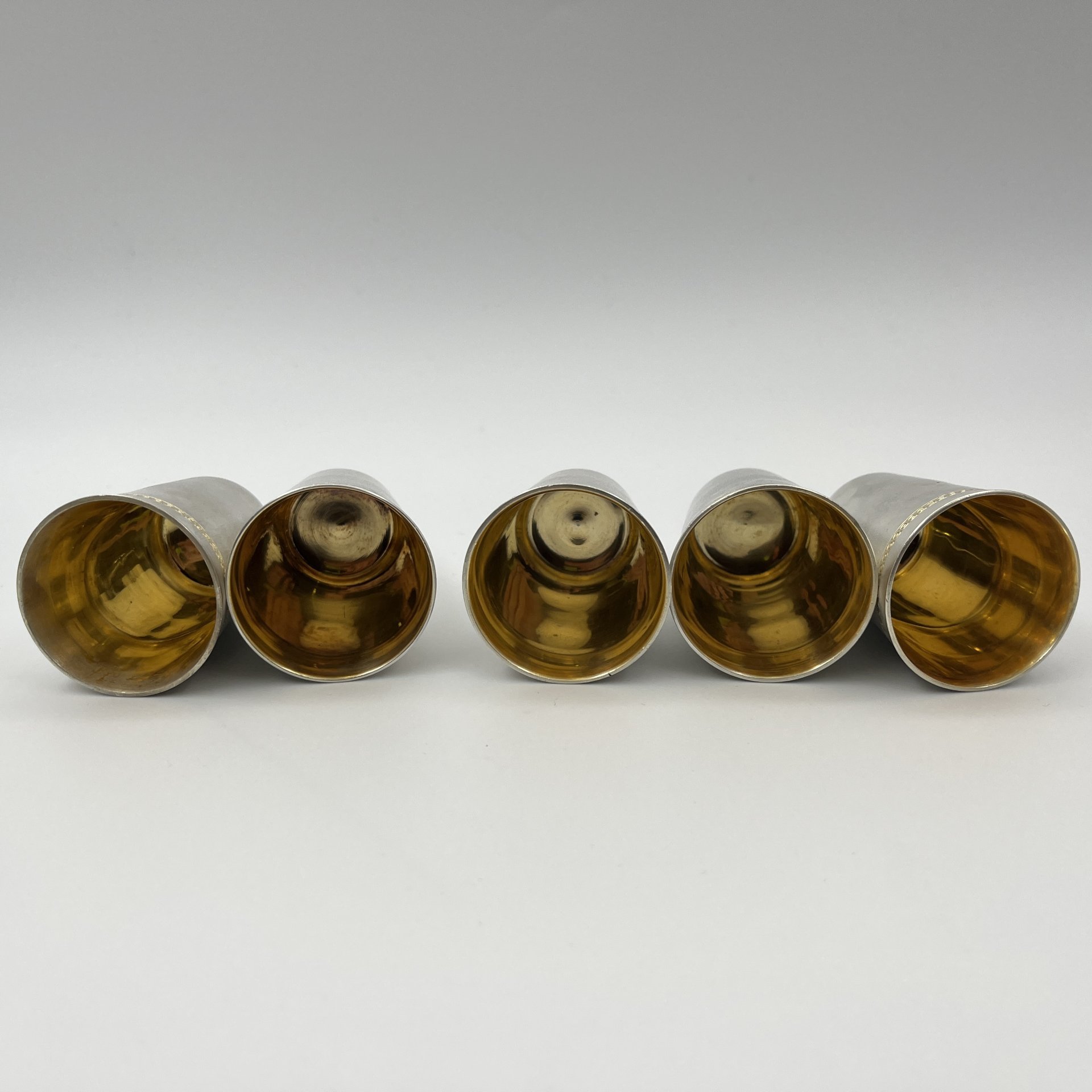 Набор из 5 стопок с геометрическим декором, мельхиор (медь-никель), СССР, 1970-1990 гг.