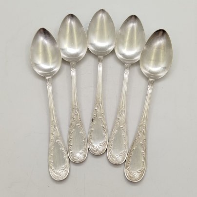 Набор из 5-ти столовых ложек с растительным декором, мельхиор (медь-никель), Кольчугинский завод цветных металлов, СССР, 1930-1960 гг.