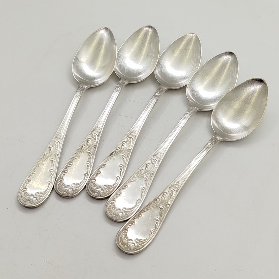 Набор из 5-ти столовых ложек с растительным декором, мельхиор (медь-никель), Кольчугинский завод цветных металлов, СССР, 1930-1960 гг.