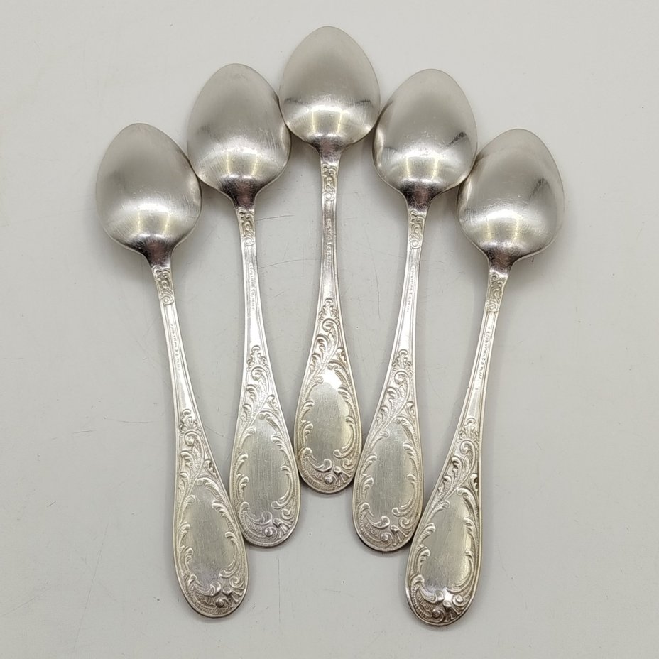 Набор из 5-ти столовых ложек с растительным декором, мельхиор (медь-никель), Кольчугинский завод цветных металлов, СССР, 1930-1960 гг.