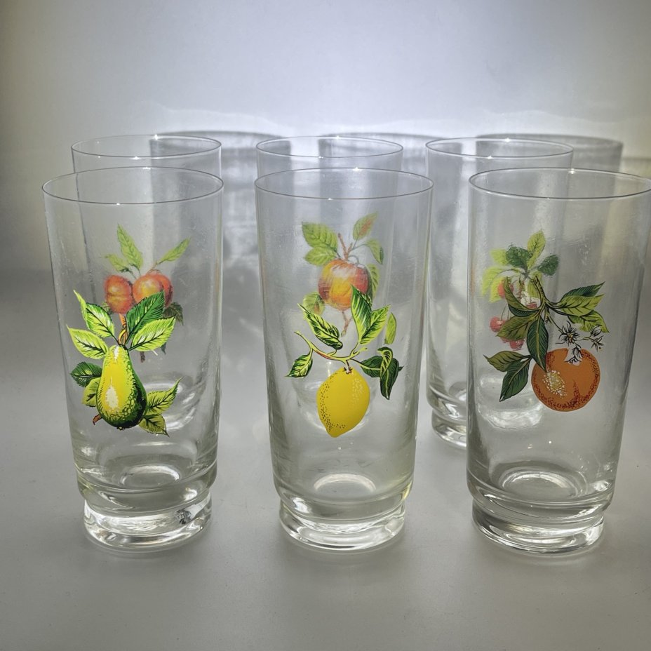 Набор из 6 стаканов "Фрукты", стекло, деколь, СССР, 1970-1990 гг.