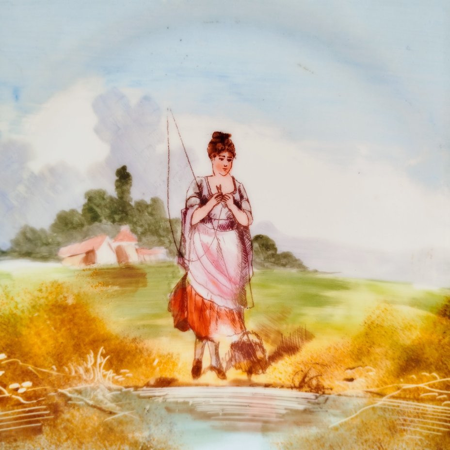 Тарелка декоративная с изображением девушки на рыбалке, Leon Sazerat, фарфор, деколь, роспись, Limoges, Франция, 1890-1906 гг.