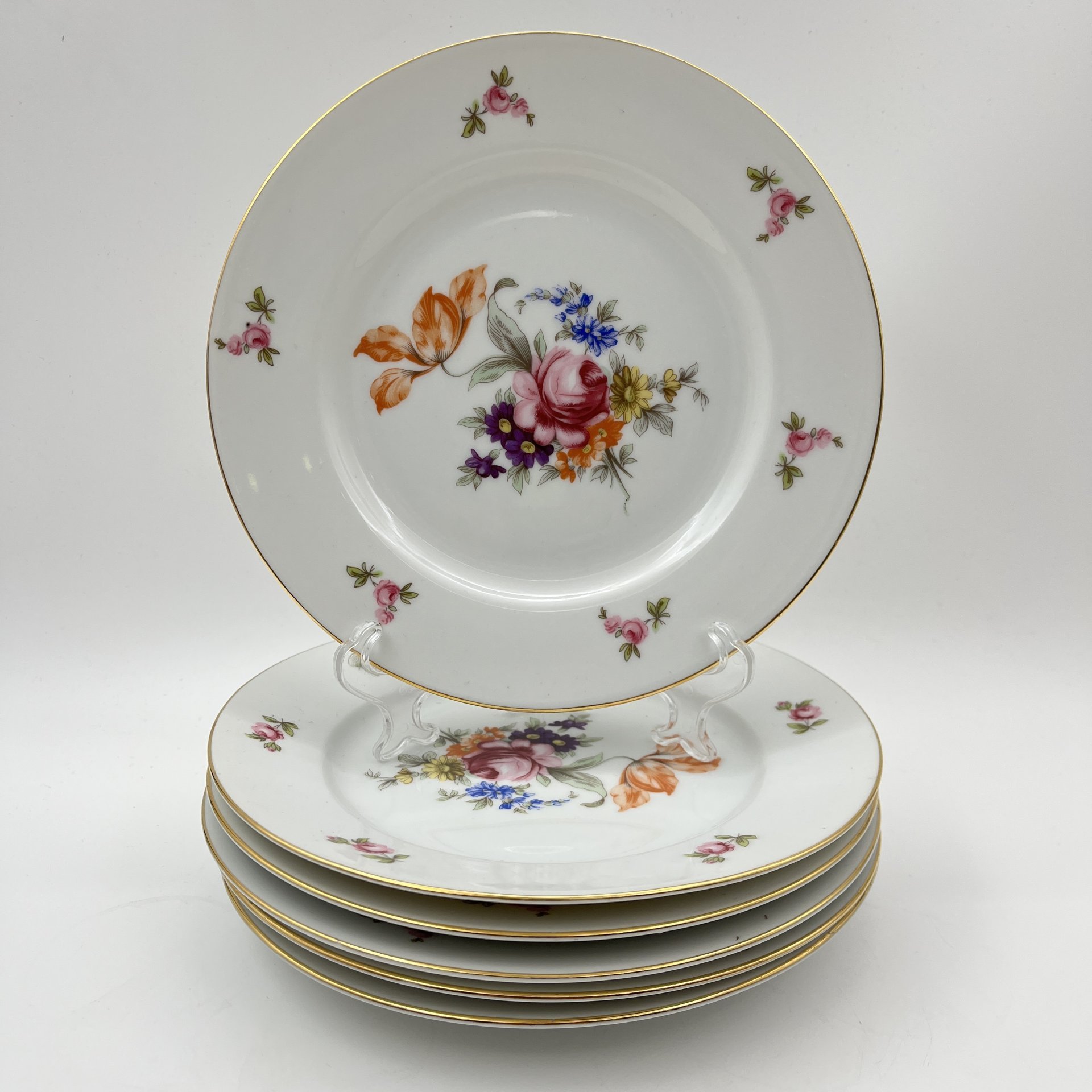 Набор из шести закусочных тарелок с цветочным декором, фарфор, деколь, золочение, Bohemia (Neurohlau), Чехословакия, 1970-1990 гг.