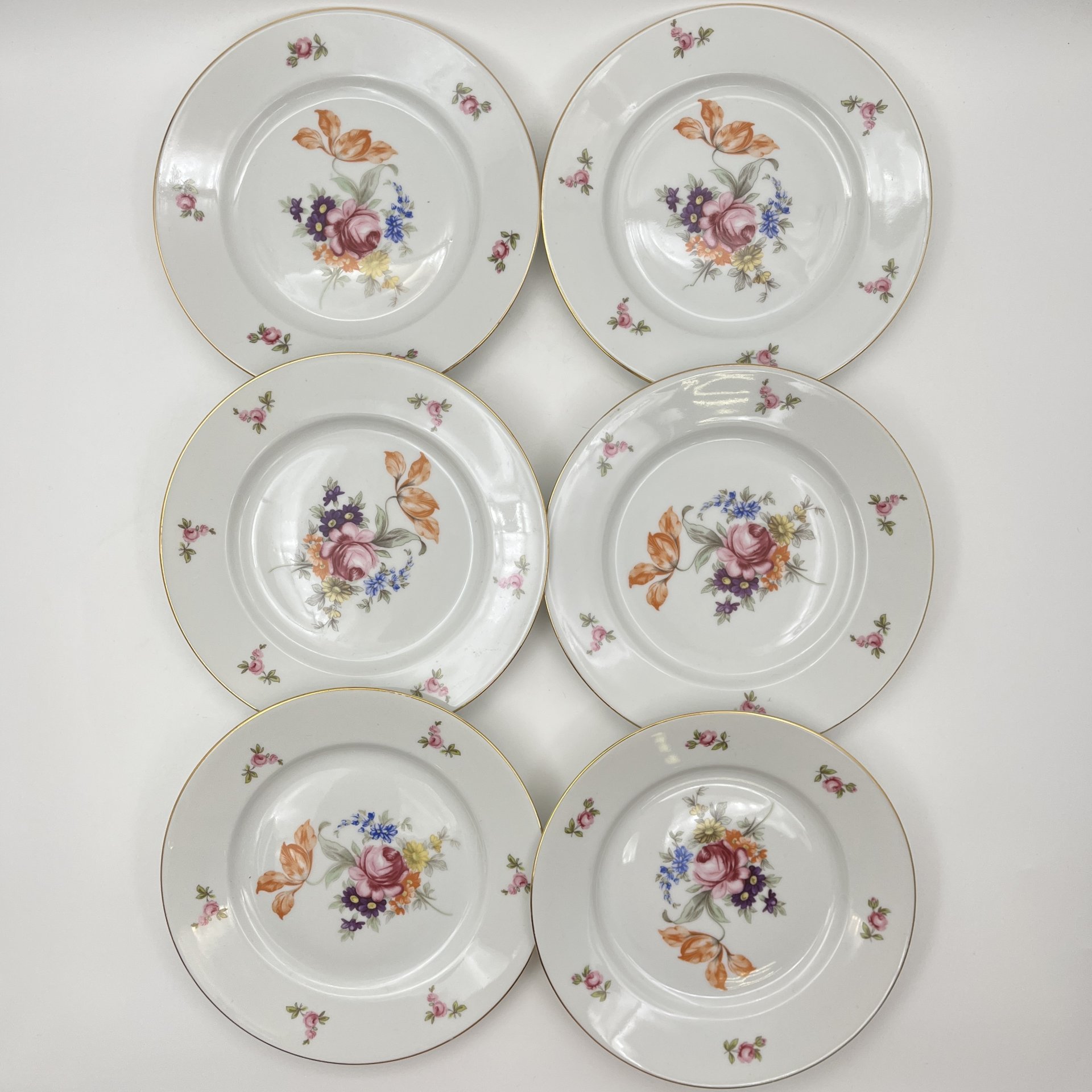 Набор из шести закусочных тарелок с цветочным декором, фарфор, деколь, золочение, Bohemia (Neurohlau), Чехословакия, 1970-1990 гг.