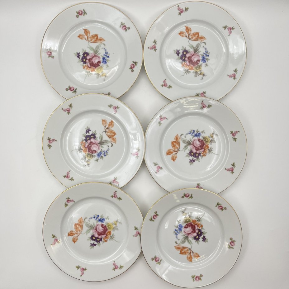 Набор из шести закусочных тарелок с цветочным декором, фарфор, деколь, золочение, Bohemia (Neurohlau), Чехословакия, 1970-1990 гг.