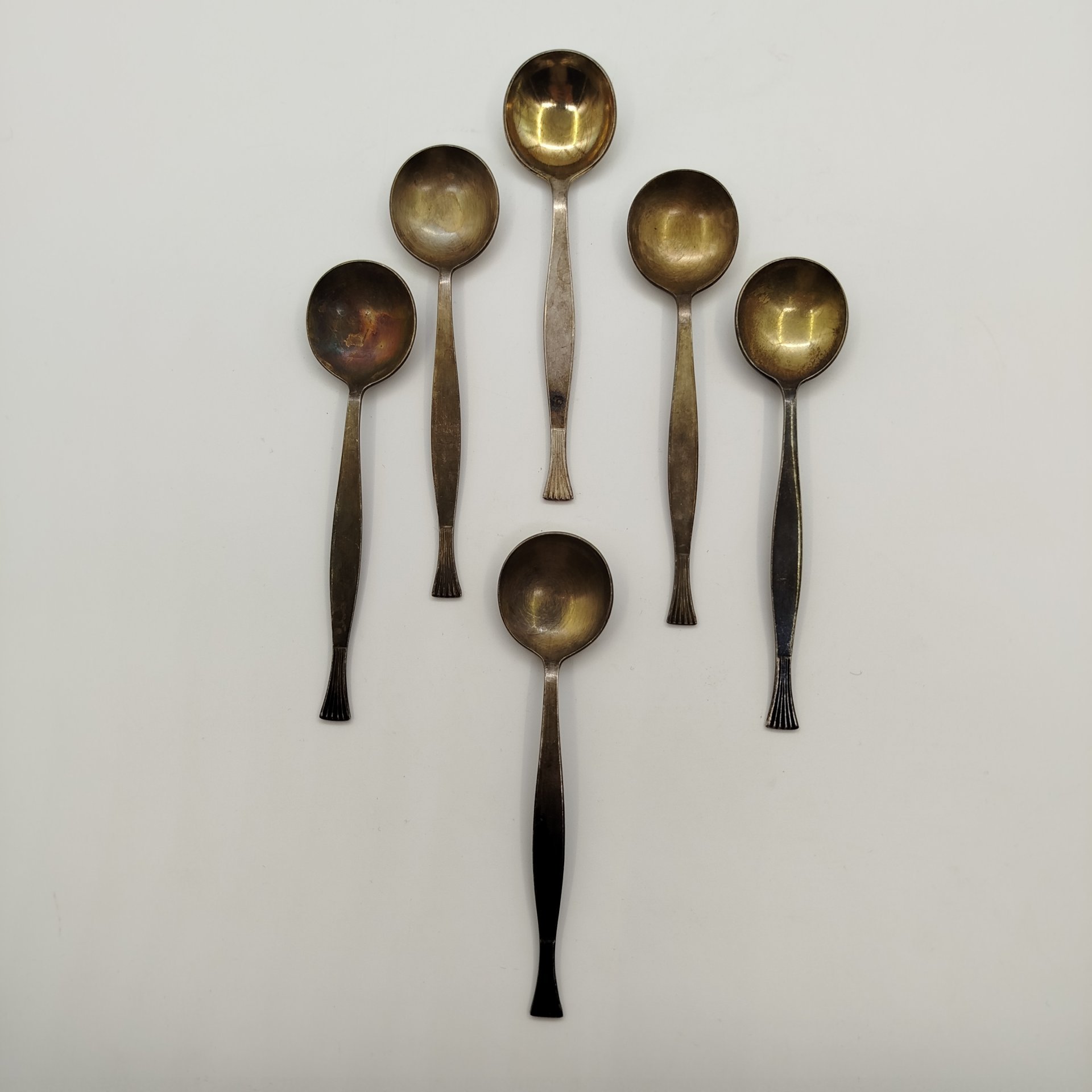 Набор из шести чайных ложек, мельхиор (медь-никель), золочение, Красносельская ювелирная фабрика, СССР, 1960-1970 гг.
