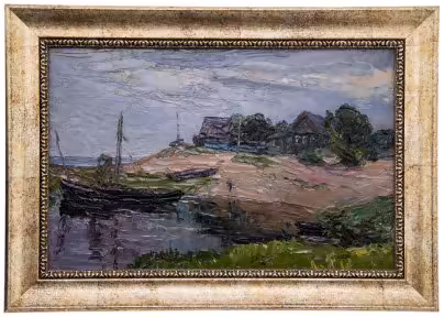 Картина "Пейзаж с лодкой", картон, масло, багет, художник Василий Осипович Фомичёв (1924-1992 гг.), 1972 г.