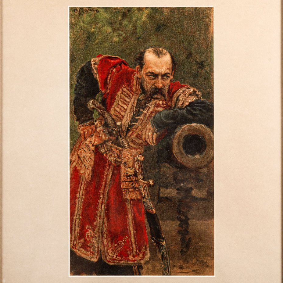 Хромолитография по картине "Гетман" в раме, автор картины И.Е. Репин, Артистическое заведение А.Ф. Маркса