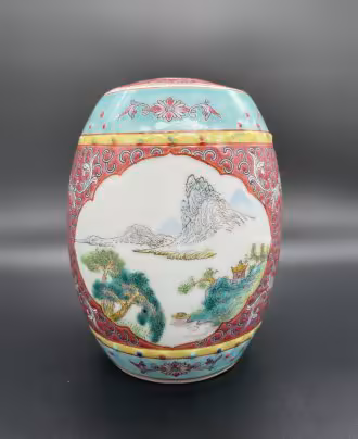 Чайница в форме бочонка с пейзажно-растительным декором, Zhongguo Zhi Zao