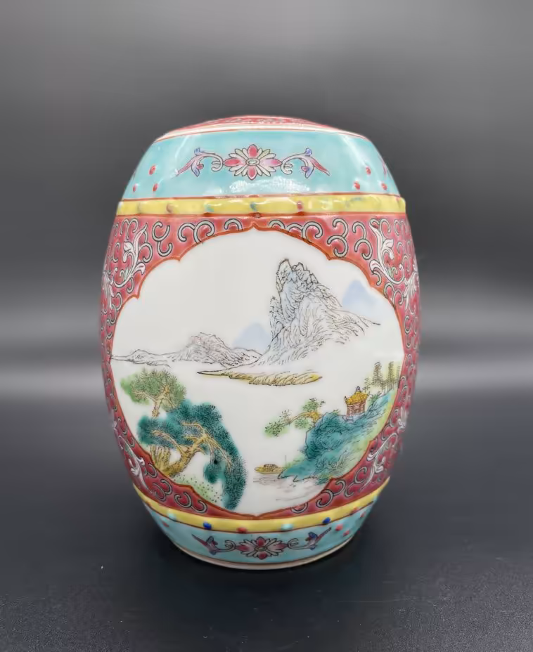 Чайница в форме бочонка с пейзажно-растительным декором, Zhongguo Zhi Zao