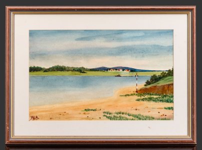 Картина "Летний пейзаж с рекой" (название условное), оформленная в паспарту и раму, неизвестный художник, бумага, акварель, СССР, 1969 г.