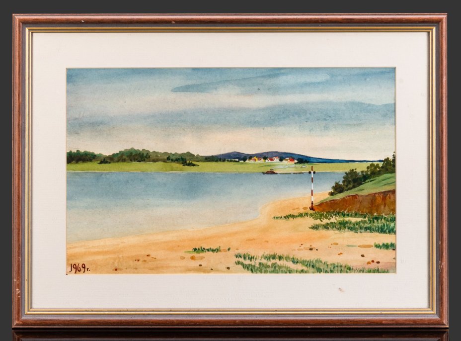 Картина "Летний пейзаж с рекой" (название условное), оформленная в паспарту и раму, неизвестный художник, бумага, акварель, СССР, 1969 г.