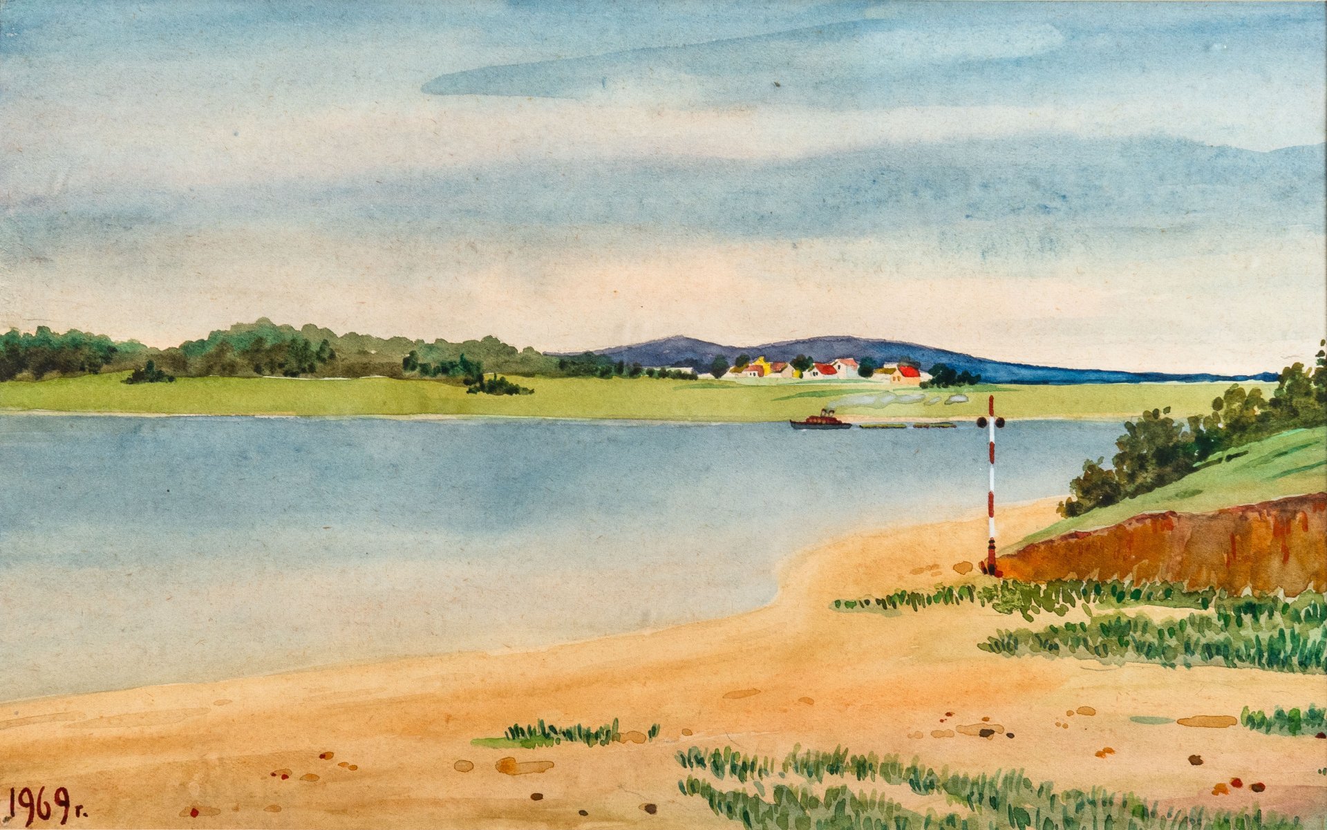 Картина "Летний пейзаж с рекой" (название условное), оформленная в паспарту и раму, неизвестный художник, бумага, акварель, СССР, 1969 г.