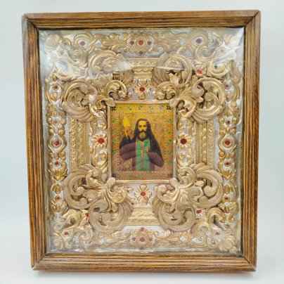 Икона "Святой Феодосий Кавказский" в киоте, дерево, бумага, печать, Россия, 1980-2000 гг.