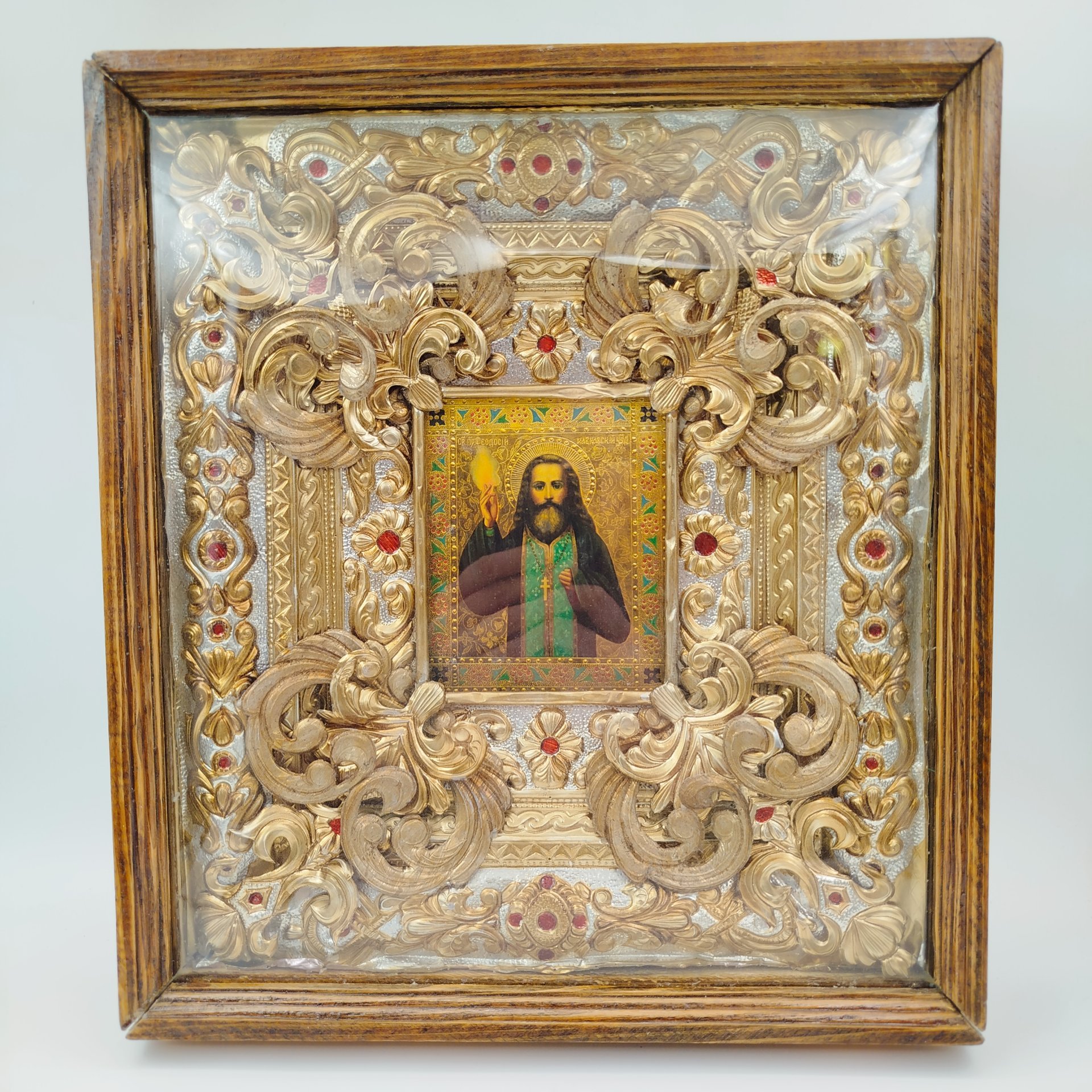 Икона "Святой Феодосий Кавказский" в киоте, дерево, бумага, печать, Россия, 1980-2000 гг.