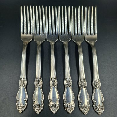 Набор из шести обеденных вилок "Серебряная роза", мНЦ (медь-никель-цинк), Кольчугинский завод цветных металлов, СССР, 1970-1990 гг.