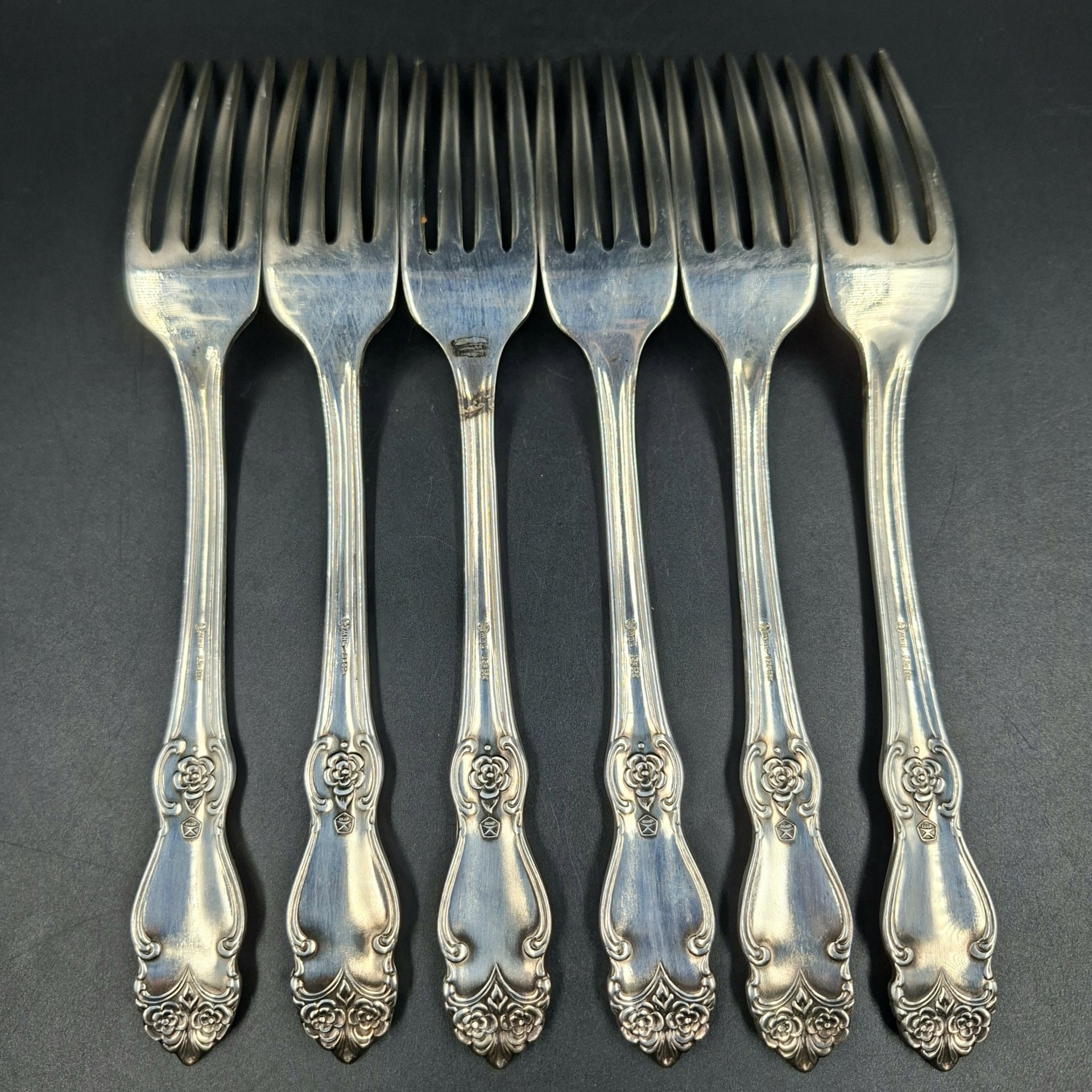 Набор из шести обеденных вилок "Серебряная роза", мНЦ (медь-никель-цинк), Кольчугинский завод цветных металлов, СССР, 1970-1990 гг.
