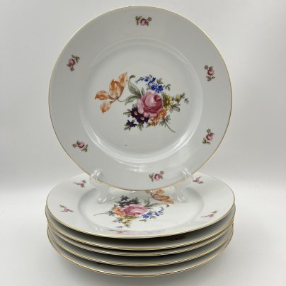 Набор из шести обеденных тарелок с цветочным декором, фарфор, деколь, золочение, Bohemia (Neurohlau), Чехословакия, 1970-1990 гг.