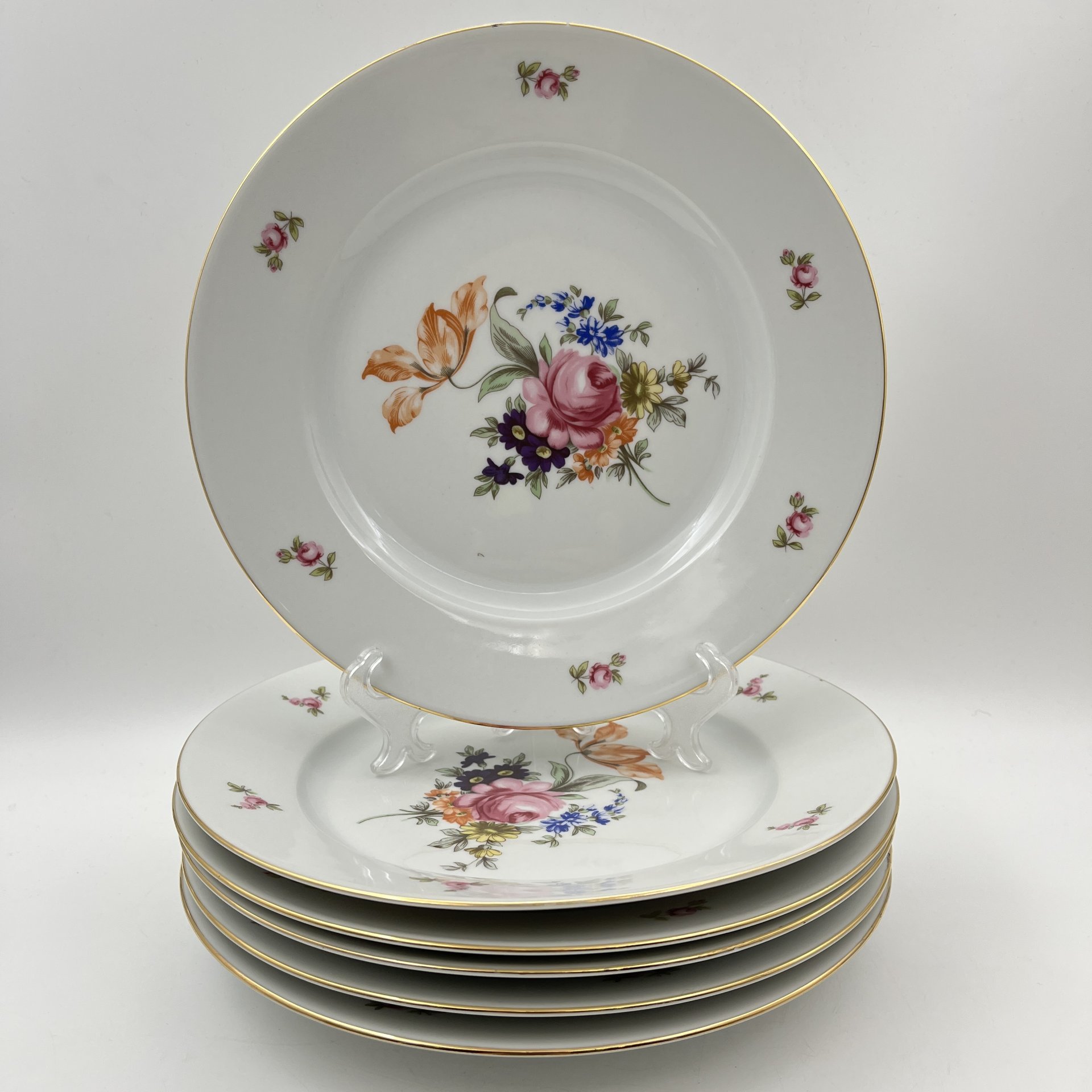 Набор из шести обеденных тарелок с цветочным декором, фарфор, деколь, золочение, Bohemia (Neurohlau), Чехословакия, 1970-1990 гг.