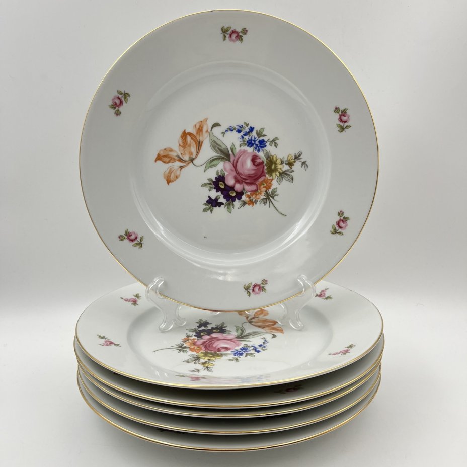 Набор из шести обеденных тарелок с цветочным декором, фарфор, деколь, золочение, Bohemia (Neurohlau), Чехословакия, 1970-1990 гг.