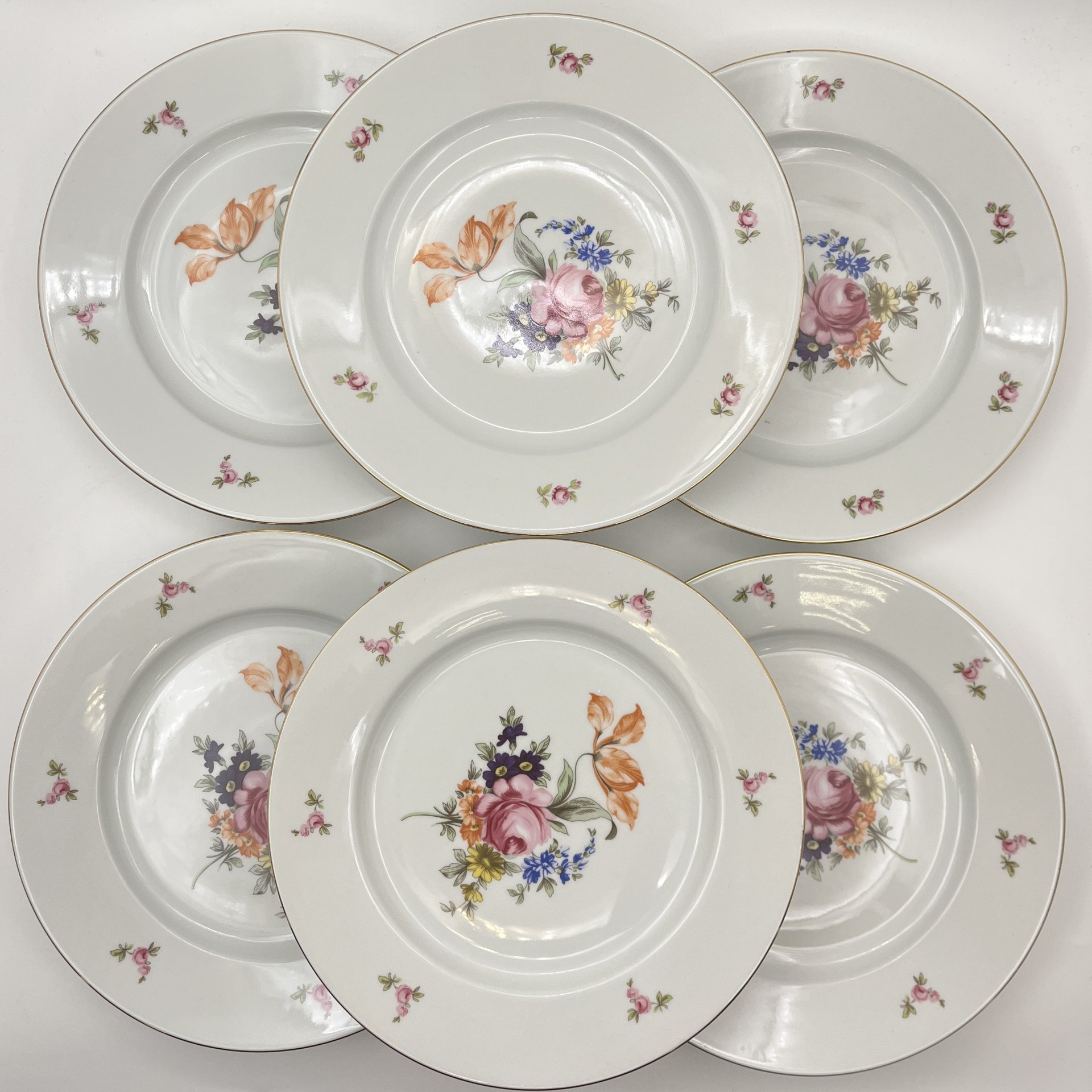 Набор из шести обеденных тарелок с цветочным декором, фарфор, деколь, золочение, Bohemia (Neurohlau), Чехословакия, 1970-1990 гг.