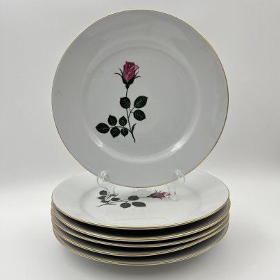 Набор из 6-ти обеденных тарелок с изображением розы, фарфор, деколь, золочение, Kahla, ГДР, 1968-1987 гг.