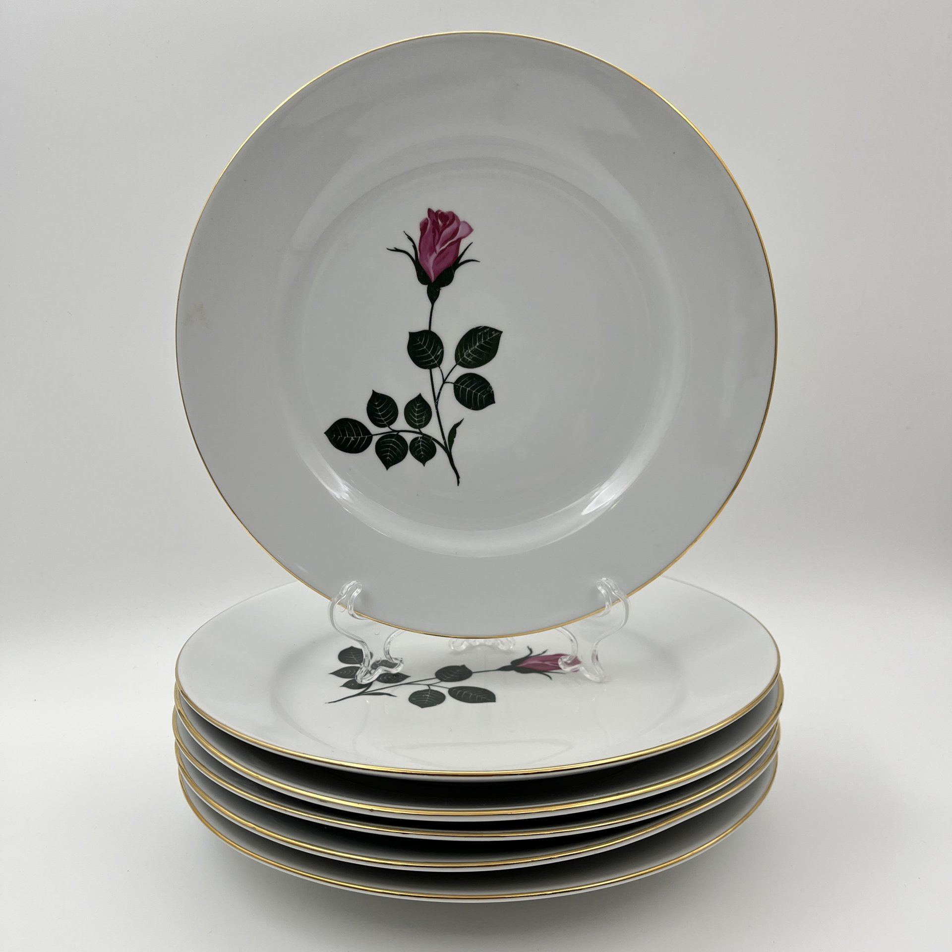 Набор из 6-ти обеденных тарелок с изображением розы, фарфор, деколь, золочение, Kahla, ГДР, 1968-1987 гг.