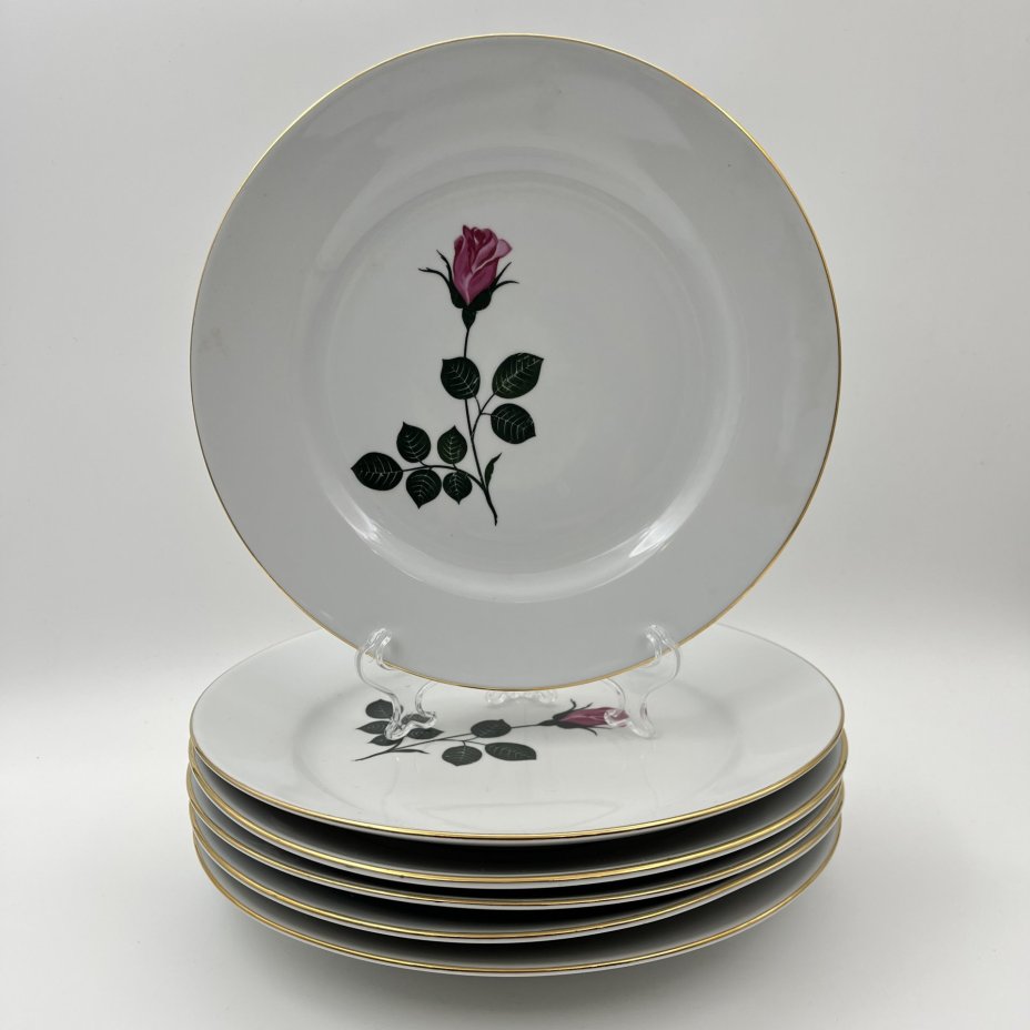 Набор из 6-ти обеденных тарелок с изображением розы, фарфор, деколь, золочение, Kahla, ГДР, 1968-1987 гг.