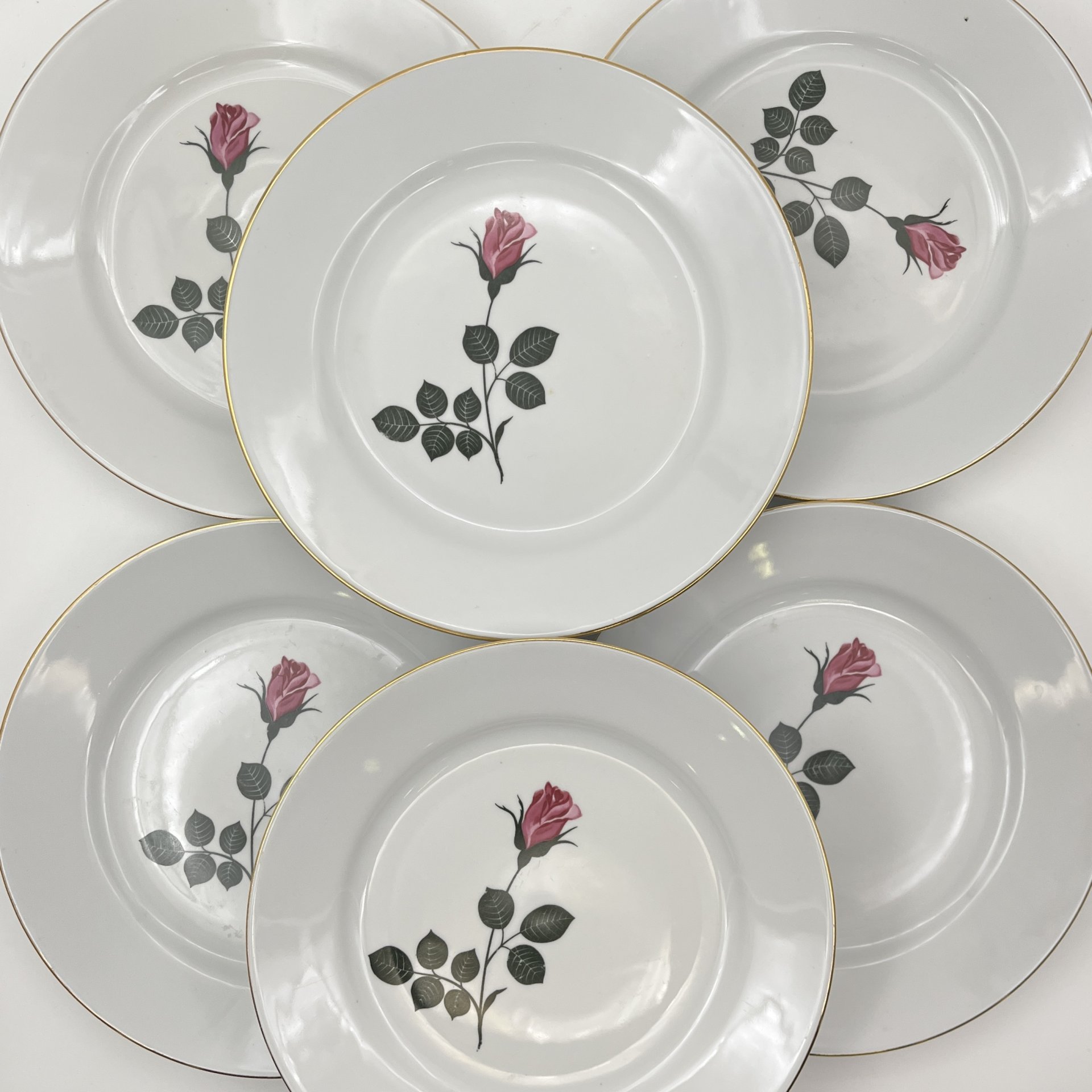 Набор из 6-ти обеденных тарелок с изображением розы, фарфор, деколь, золочение, Kahla, ГДР, 1968-1987 гг.