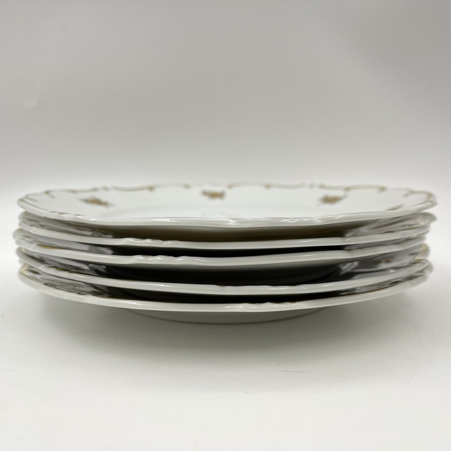 Набор из 5-ти десертных тарелок, украшенных цветочным декором, серия "Katharina", фарфор, золочение, Weimar Porzellan (Веймарский фарфор), ГДР, 1950-1980 гг.