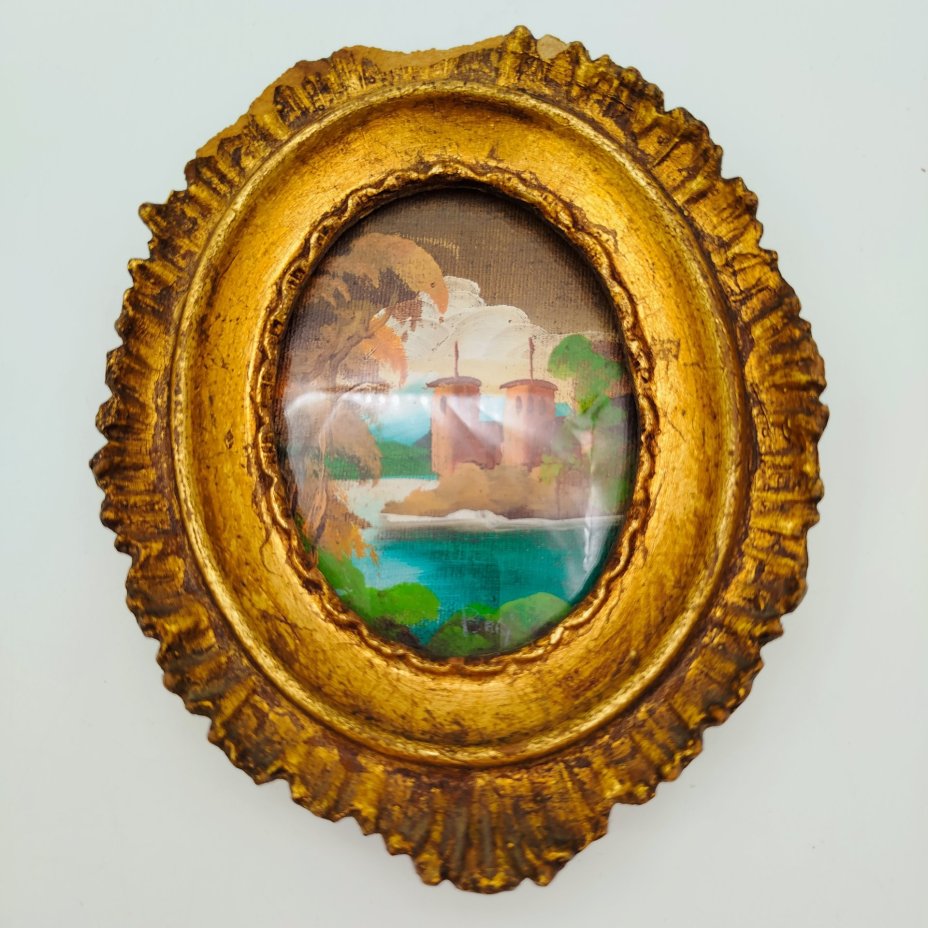 Картина (миниатюра) "Пейзаж с замком" в раме, холст на картоне, масло, композитный материал, стекло, Европа, 1950-1980 гг.