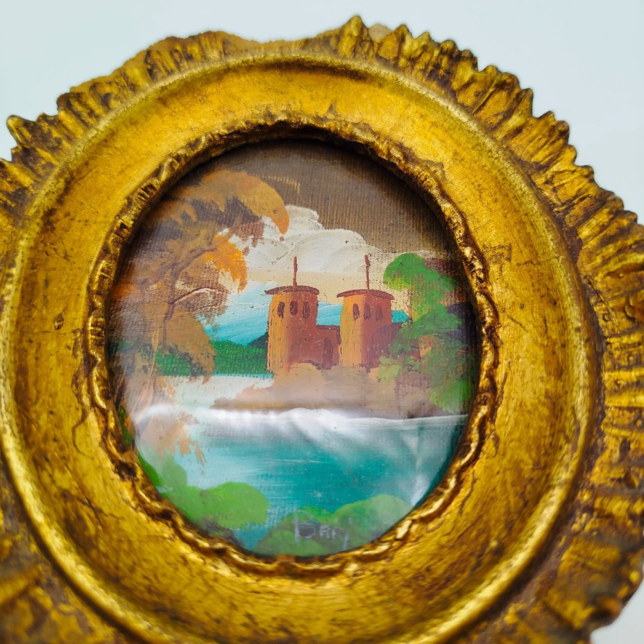 Картина (миниатюра) "Пейзаж с замком" в раме, холст на картоне, масло, композитный материал, стекло