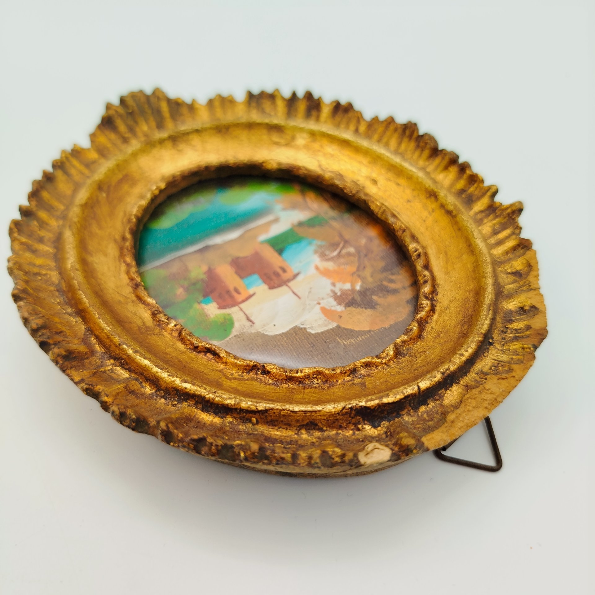 Картина (миниатюра) "Пейзаж с замком" в раме, холст на картоне, масло, композитный материал, стекло, Европа, 1950-1980 гг.