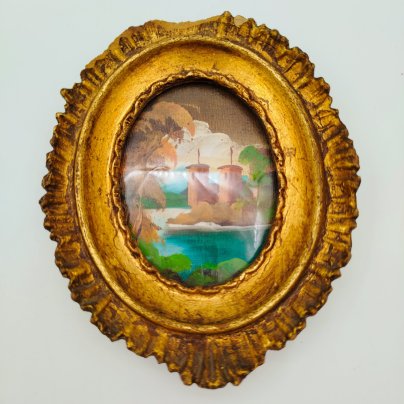 Картина (миниатюра) "Пейзаж с замком" в раме, холст на картоне, масло, композитный материал, стекло