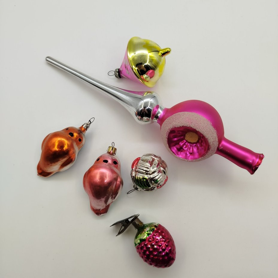 Набор из пяти ёлочных игрушек и навершия(макушка) на ёлку, стекло, металл, СССР, 1960-1980 гг.