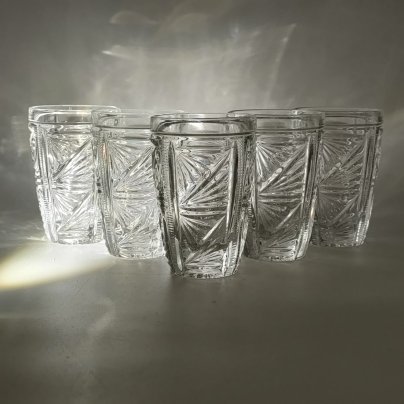 Набор из 5-ти стаканов с геометрическим декором, хрусталь, СССР, 1970-1990 гг.