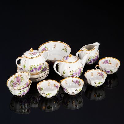 Сервиз чайный на 6 персон "Сирень" (16 предметов), фарфор, деколь, золочение, Дулевский фарфоровый завод (Дулёво), СССР, 1957 г.