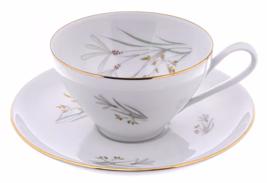Чайная пара с цветочным декором, фарфор, роспись, золочение, KRISTER PORCELAIN FACTORY, Германия, 1952-1960 гг., Krister Porzellan-Manufaktur (KPM)