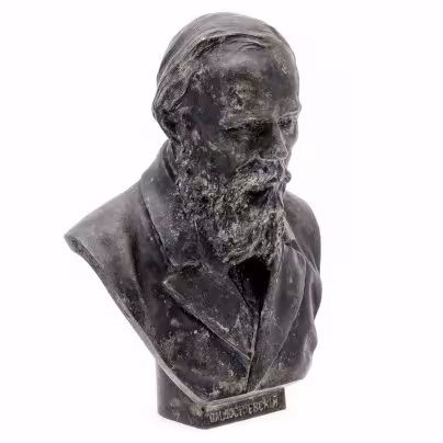 Бюст "Ф.М. Достоевский", шпиатр, бронзирование, автор модели Р.Р. Бах, художественная мастерская С. Добродеева, Санкт-Петербург, Российская империя, 1900-1917 гг.