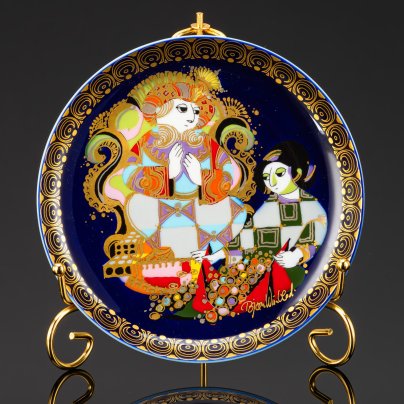 Тарелка настенная из серии "Aladin und Wunderlampe" ("Аладин и волшебная лампа") по мотивам сказки "Тысяча и одна ночь",  дизайнер Bjorn Wiinblad, фарфор, крытье, деколь, золочение, Rosenthal (Розенталь), Германия, 1970-1980 гг.