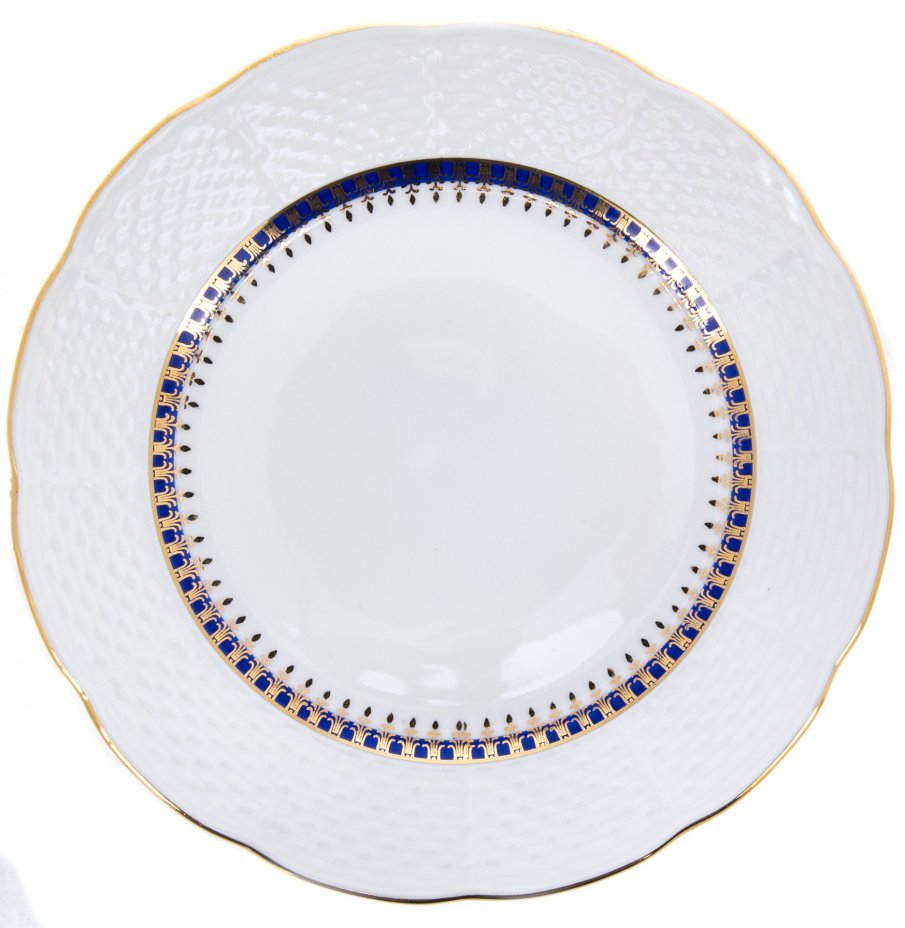 Сервиз чайный с синей орнаментальной лентой и позолотой, на 9 персон (33 предмета), фарфор, золочение, мануфактура "Thun", Чехия, 1940-1960 гг., Thun (Тун)