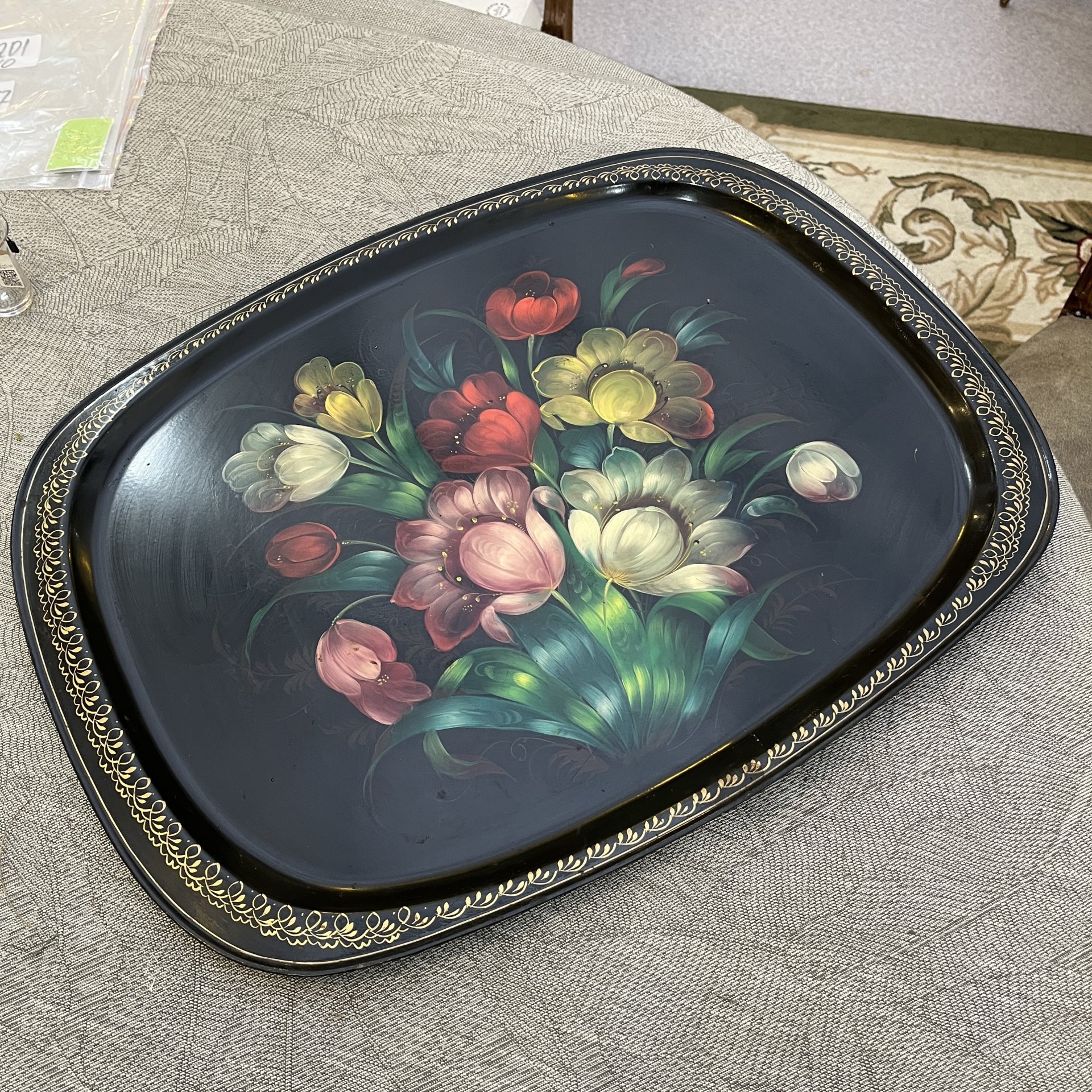 Поднос прямоугольной формы с цветочным декором, жесть, роспись, Жостовская фабрика декоративной росписи, СССР, 1960-1980 гг.