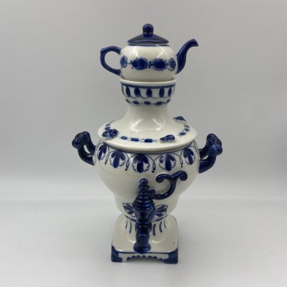 Статуэтка "Самовар с заварочным чайником", фарфор, роспись, Объединение «Гжель», СССР, 1972-1985 гг.