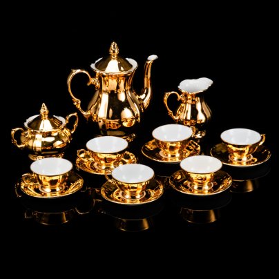 Сервиз кофейный с золотым декором на 6 персон (15 предметов), фарфор, крытье, золочение, Kahla, ГДР, 1960-1980 гг.